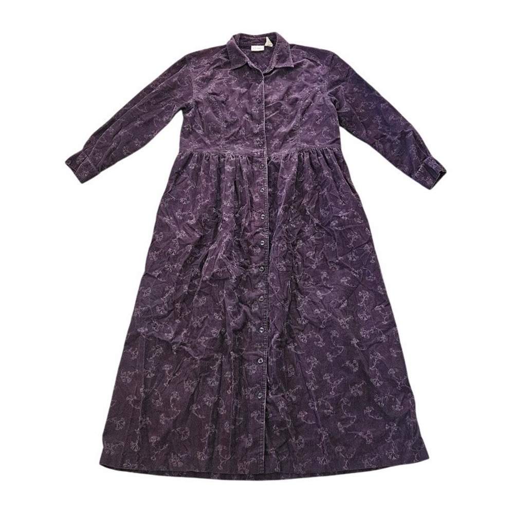L.L. Bean Purple Floral Corduroy Maxi Dress Button Front Long Sleeve Pockets 12